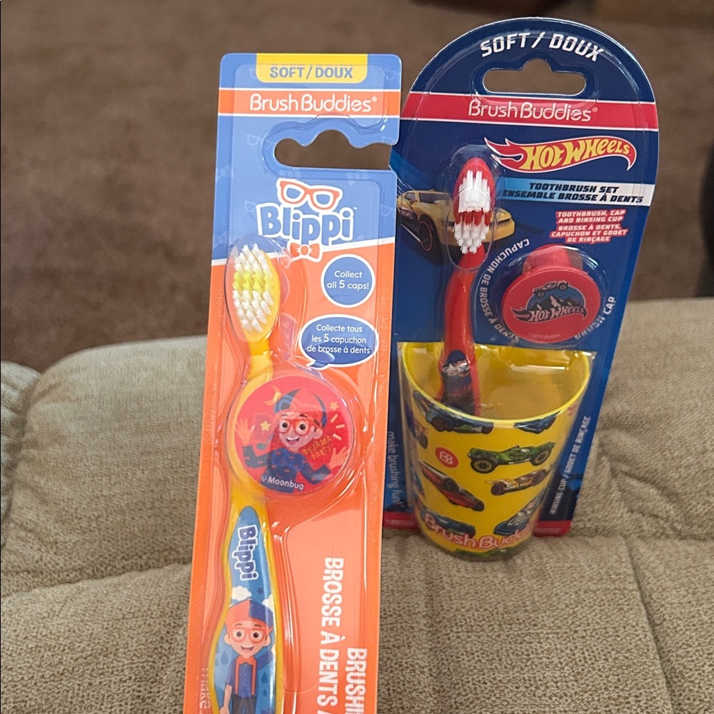 Hot Wheels brush buddies toothbrush set with cup and Blippi brush set - boys